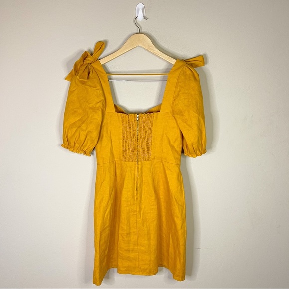 Reformation | 100% Linen Puff Sleeve Bow Tie Mustard Yellow Mini Dress Sz: 6 - Picture 8 of 9
